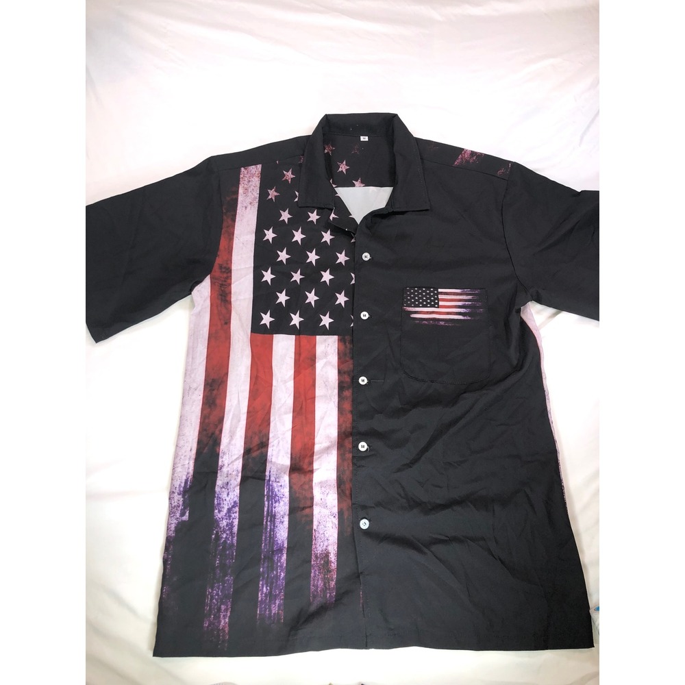 American Flag Distressed Graphic Button Down‎ Shirt Black Mens M Short Sleeve